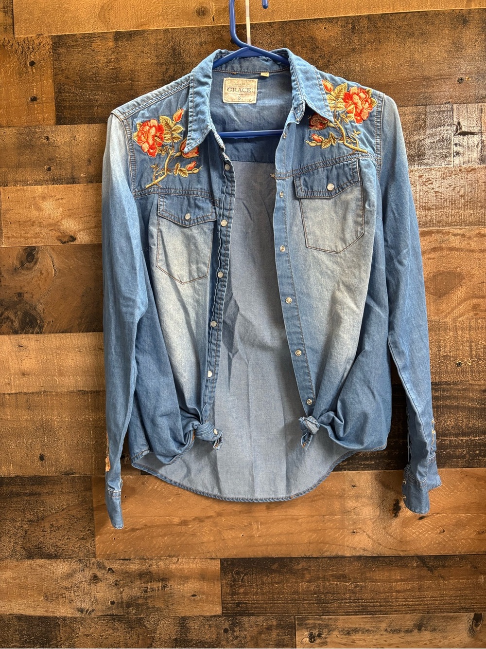 Grace Light Blue Denim Shirt with Orange Floral Embroidery EUC Size Small - Picture 4 of 13
